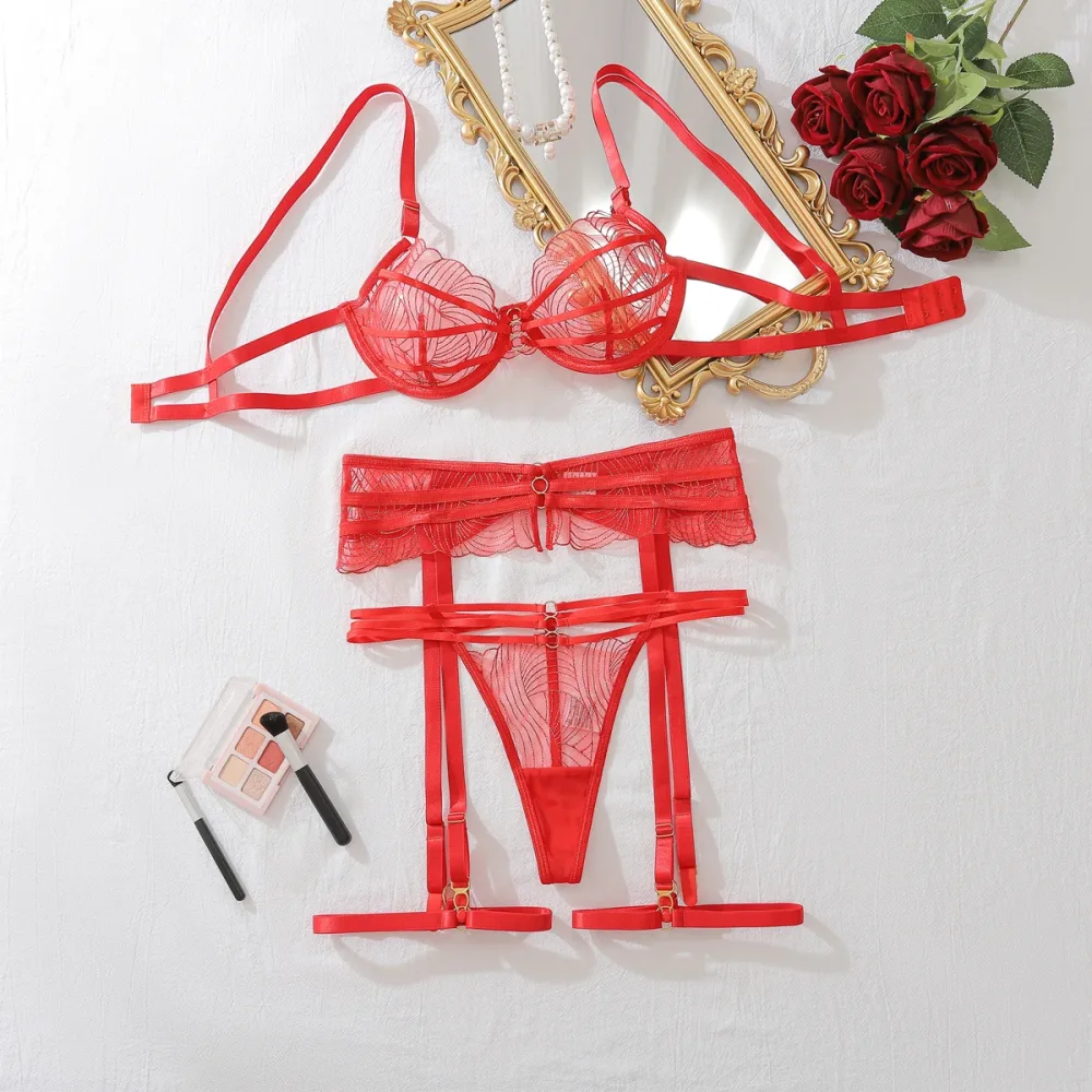 Conjunto de lingerie glitter vermelho de 4 peças estendido