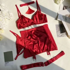 As 5 peças do conjunto Ellolace vermelho: sutiã, saia, calcinha, choker e ligas