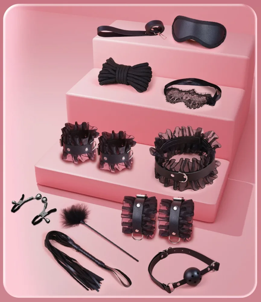 Kit de restrições BDSM de 10 peças com babado de renda preta