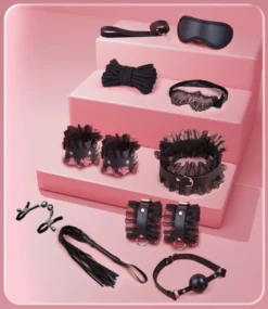 Kit de restrições BDSM de 9 peças com babado de renda preta, sem o espanador