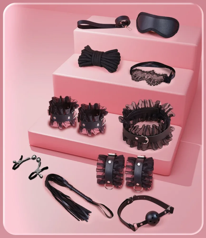 Kit de restrições BDSM de 9 peças com babado de renda preta, sem o espanador