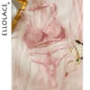 Conjunto de lingerie Ellolace rosa com renda floral bordada, choker e tiras de cetim