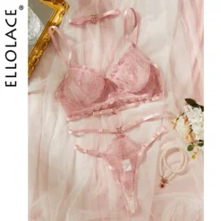 Conjunto de lingerie Ellolace rosa com renda floral bordada, choker e tiras de cetim
