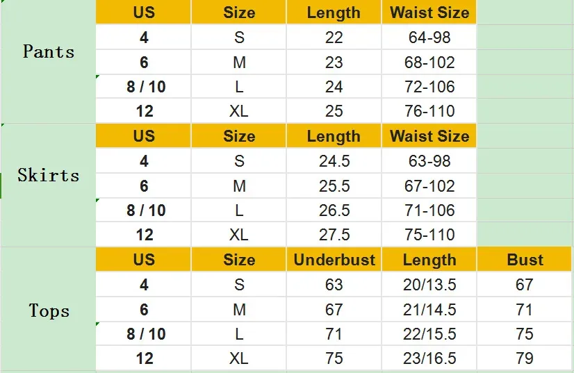 Tabela de medidas do conjunto em centímetros para os tamanhos S, M, L e XL
