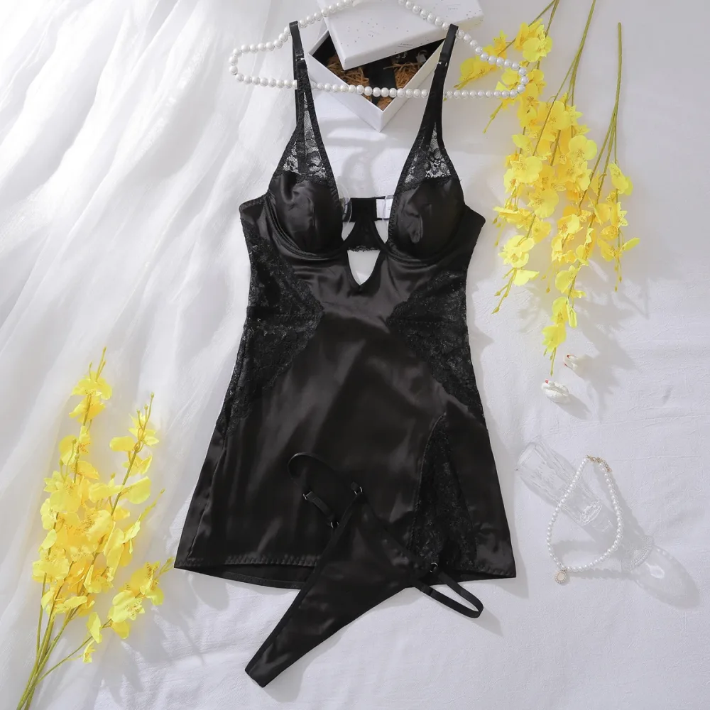 Vestido de cetim sexy Ellolace preto com renda e calcinha