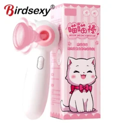 Vibrador sugador de clitóris Birdsexy Meow Meow branco com boca rosa ao lado da caixa com gatinho