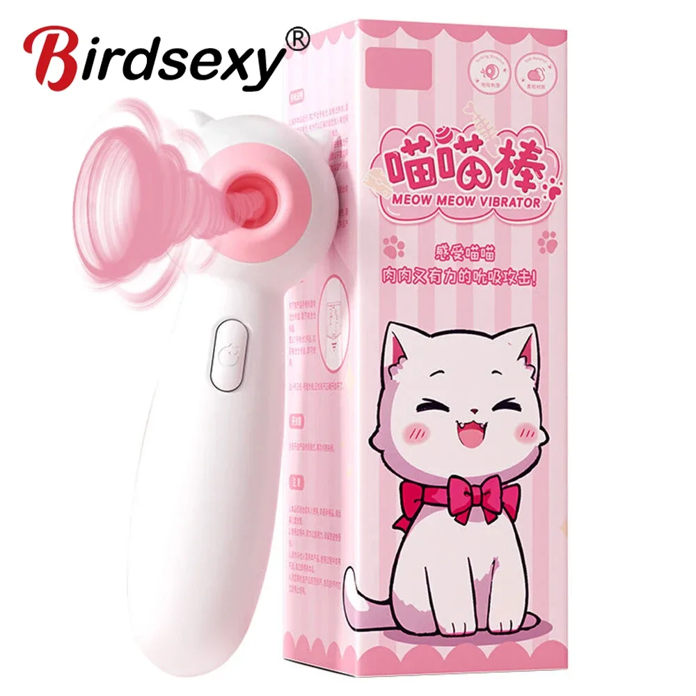 Vibrador sugador de clitóris Birdsexy Meow Meow branco com boca rosa ao lado da caixa com gatinho
