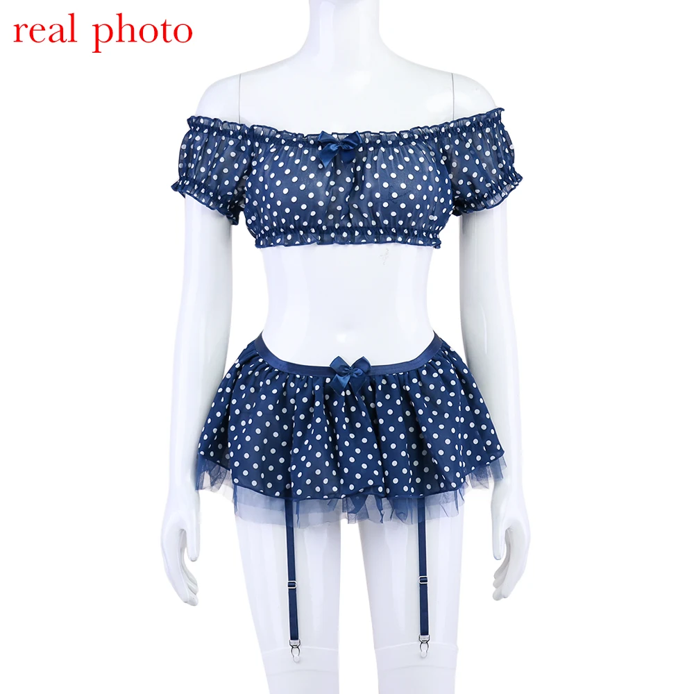 Ellolace Polka Dot Lingerie 5-Piece Off Shoulder Ruffled Top Skirt Thongs Stocking Romantic Intimate Goods Exotic Sets Ellolace Polka Dot Lingerie 5-Piece Off Shoulder Ruffled Top Skirt Thongs Stocking Romantic Intimate Goods Exotic Sets