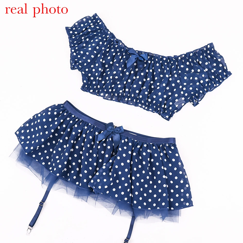 Ellolace Polka Dot Lingerie 5-Piece Off Shoulder Ruffled Top Skirt Thongs Stocking Romantic Intimate Goods Exotic Sets Ellolace Polka Dot Lingerie 5-Piece Off Shoulder Ruffled Top Skirt Thongs Stocking Romantic Intimate Goods Exotic Sets