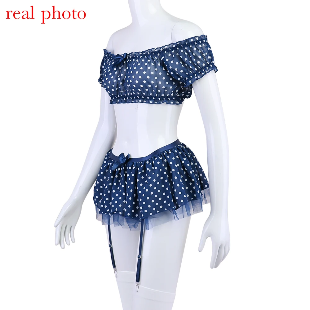 Ellolace Polka Dot Lingerie 5-Piece Off Shoulder Ruffled Top Skirt Thongs Stocking Romantic Intimate Goods Exotic Sets Ellolace Polka Dot Lingerie 5-Piece Off Shoulder Ruffled Top Skirt Thongs Stocking Romantic Intimate Goods Exotic Sets