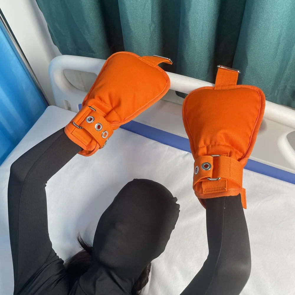 Orange Medical Restraint Mittens Hand Immobilizers Safety Gloves for Hospital Mental Patients Finger Control Restraints Mitts