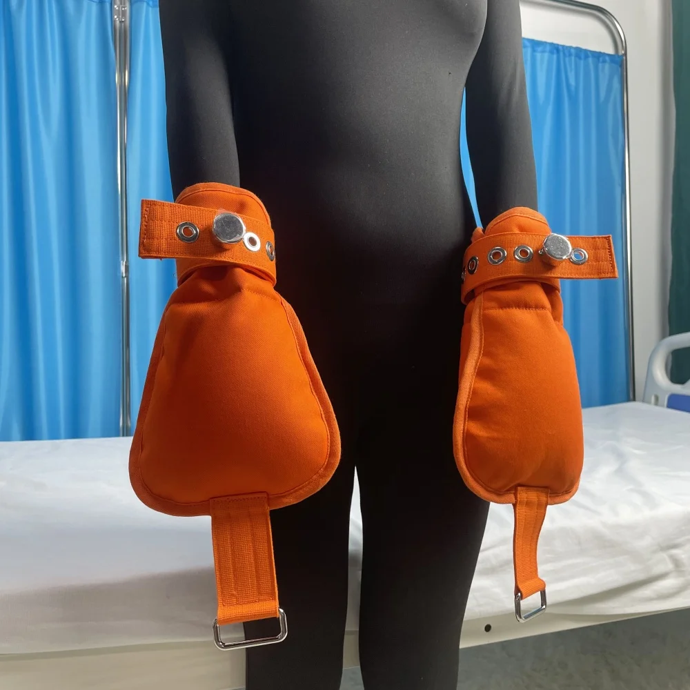 Orange Medical Restraint Mittens Hand Immobilizers Safety Gloves for Hospital Mental Patients Finger Control Restraints Mitts
