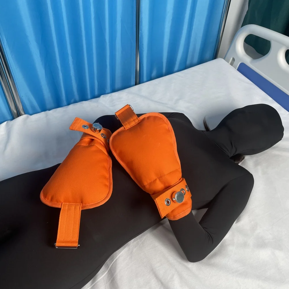 Orange Medical Restraint Mittens Hand Immobilizers Safety Gloves for Hospital Mental Patients Finger Control Restraints Mitts