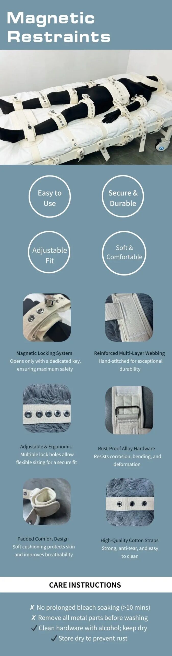 Breathable Washable Medical Restraints Magnetic Quick-Release Mechanism Hand and Waist Belt Anti-Tamper Autism Care Solution