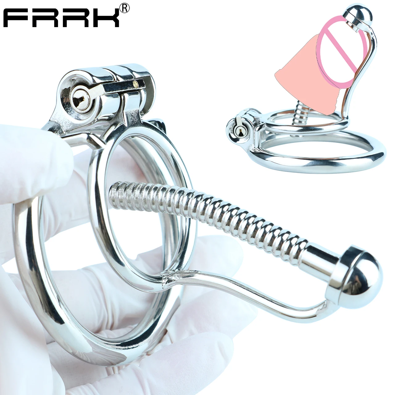 FRRK Stainless Steel Male Chastity Devices Cock Cage With Urethral Catheter Penis Lock Cock Ring Sex Toys For Men Chastity Belt