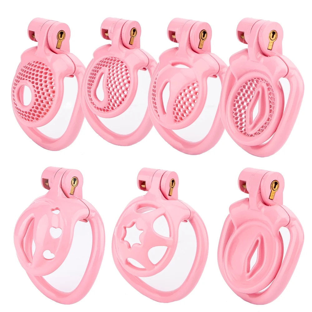 New Small Pink Pussy Chastity Cage Print Lightweight Male Cock Cage With 4 Curved Base Ring Erotic Bondage BDSM Sex Toys For Men
