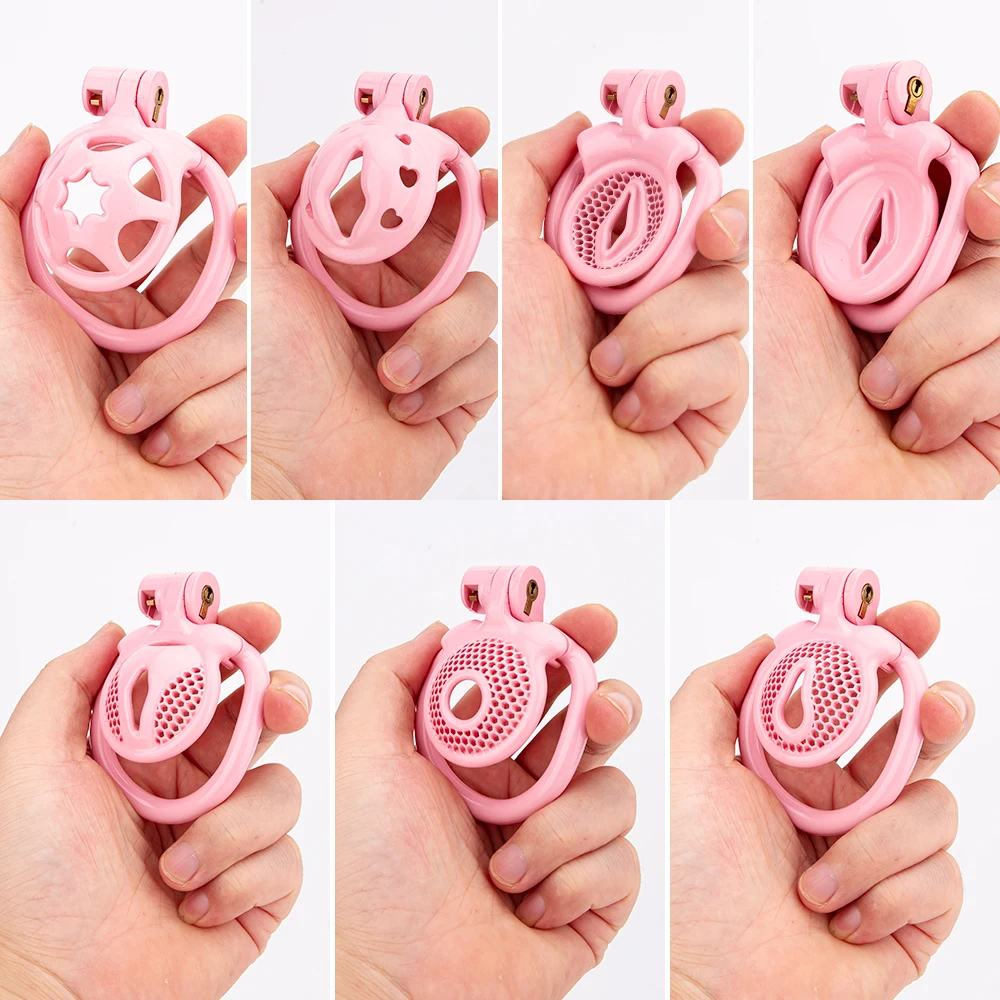 New Small Pink Pussy Chastity Cage Print Lightweight Male Cock Cage With 4 Curved Base Ring Erotic Bondage BDSM Sex Toys For Men