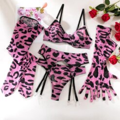 Conjunto Lingerie Sexy Estampado Sutiã Calcinha Meia Liga Luvas