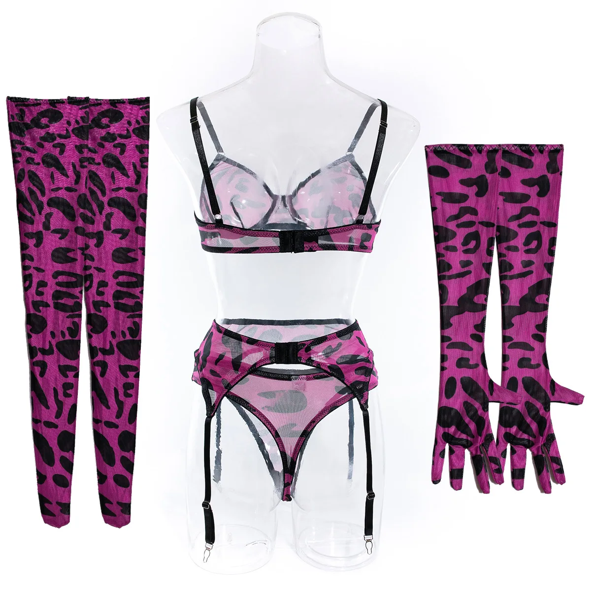 Sexy Pink Leopard Printed Bra Gloves Leg Socks Lingerie Set Women's Perspective Comfortable Mesh Exotic Apparel Underwear Suit