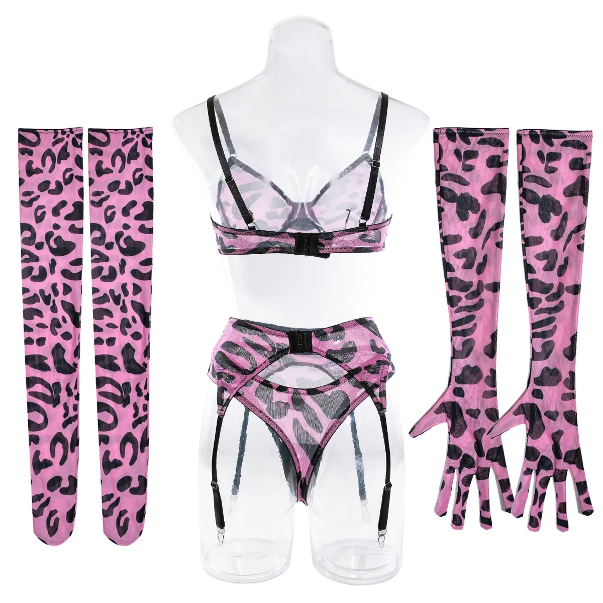 Sexy Pink Leopard Printed Bra Gloves Leg Socks Lingerie Set Women's Perspective Comfortable Mesh Exotic Apparel Underwear Suit