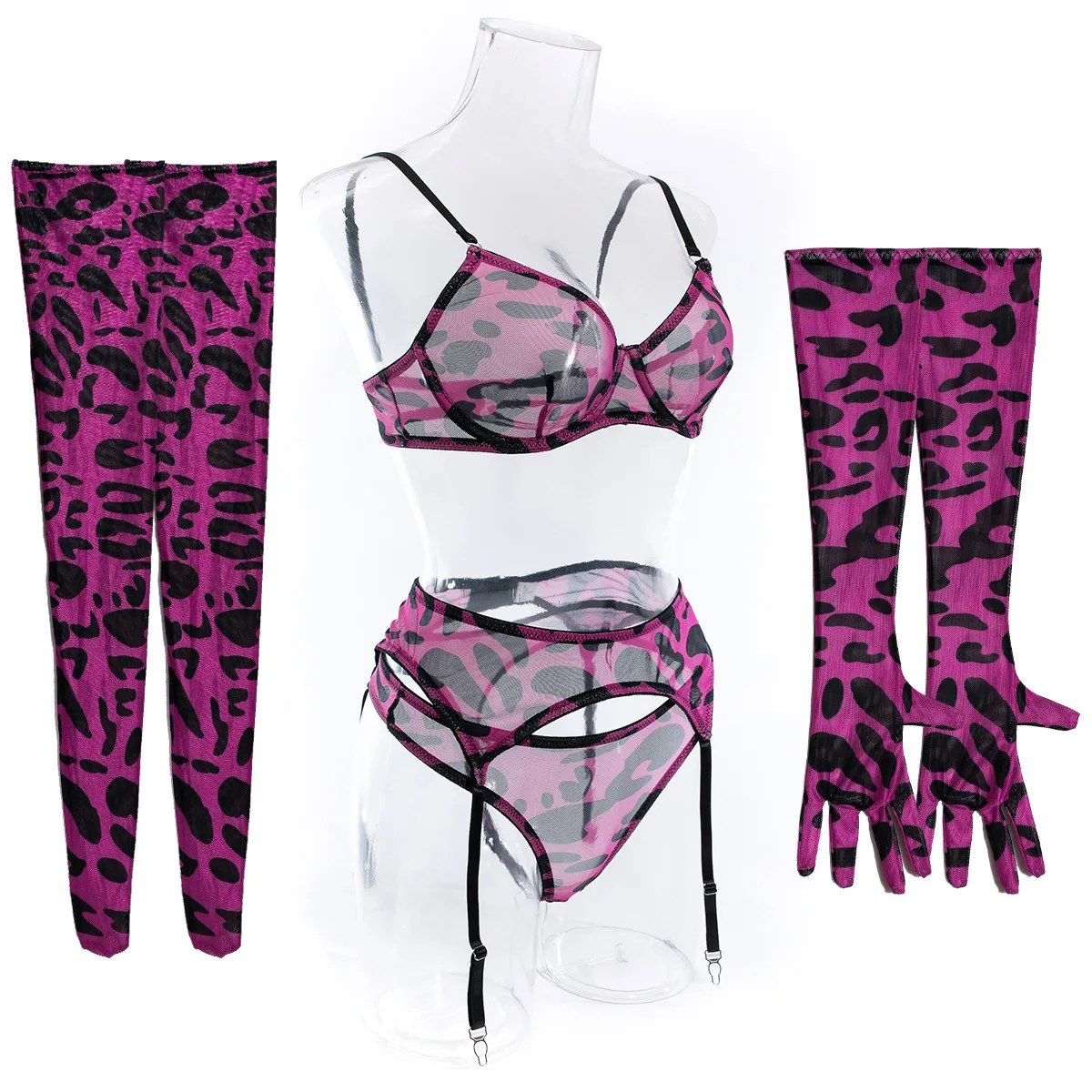 Sexy Pink Leopard Printed Bra Gloves Leg Socks Lingerie Set Women's Perspective Comfortable Mesh Exotic Apparel Underwear Suit