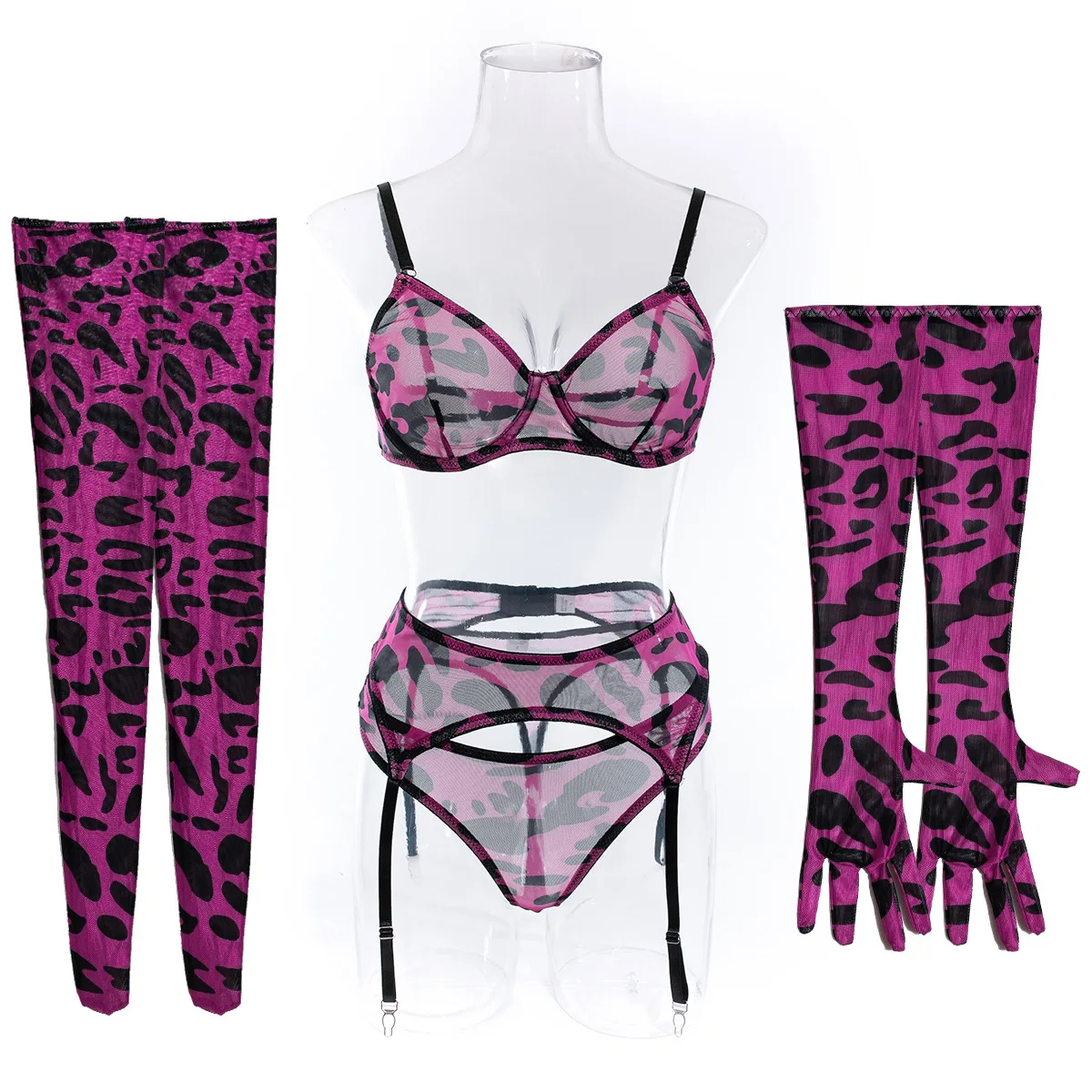 Sexy Pink Leopard Printed Bra Gloves Leg Socks Lingerie Set Women's Perspective Comfortable Mesh Exotic Apparel Underwear Suit
