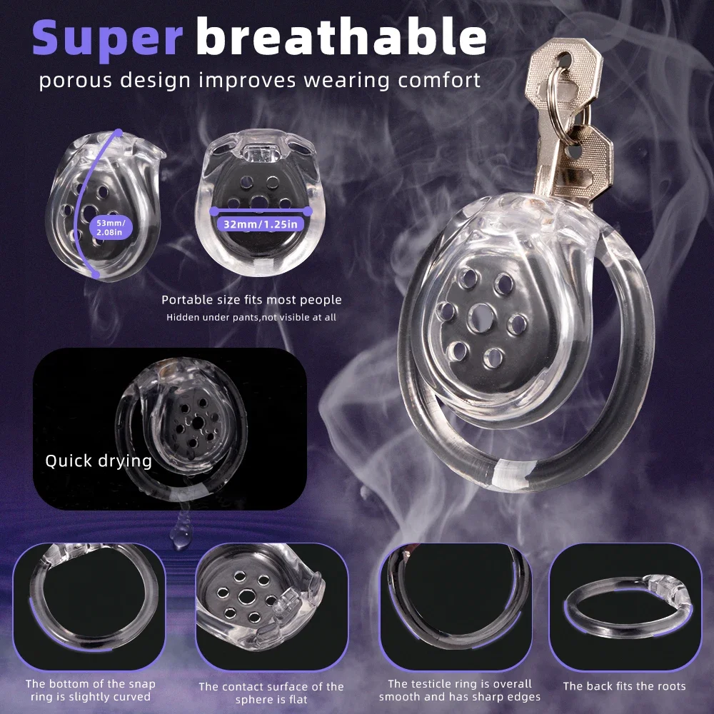 New Breathable Clear Male Chastity Cage Lightweight 3D Printed Design with 4 Base Rings for Secure BDSM Fetish Play