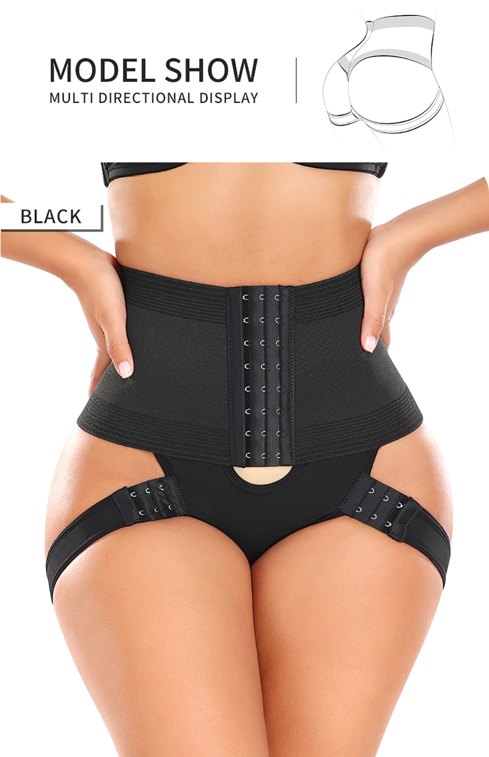 Cinta modeladora preta levanta bumbum 2 em 1 com colchetes e alcas de hip lift