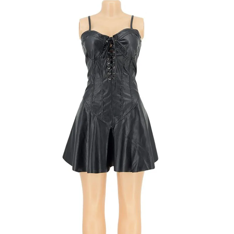 Vestido de couro PU corset nas cores preta, azul e burgundy