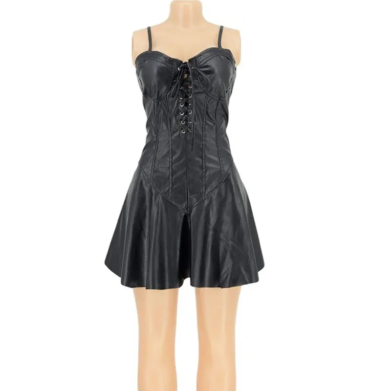 Vestido Couro PU Corset Amarração Bodycon Curto Festa Leather Dress Alças Finas Preto Azul Burgundy - Imagem 6