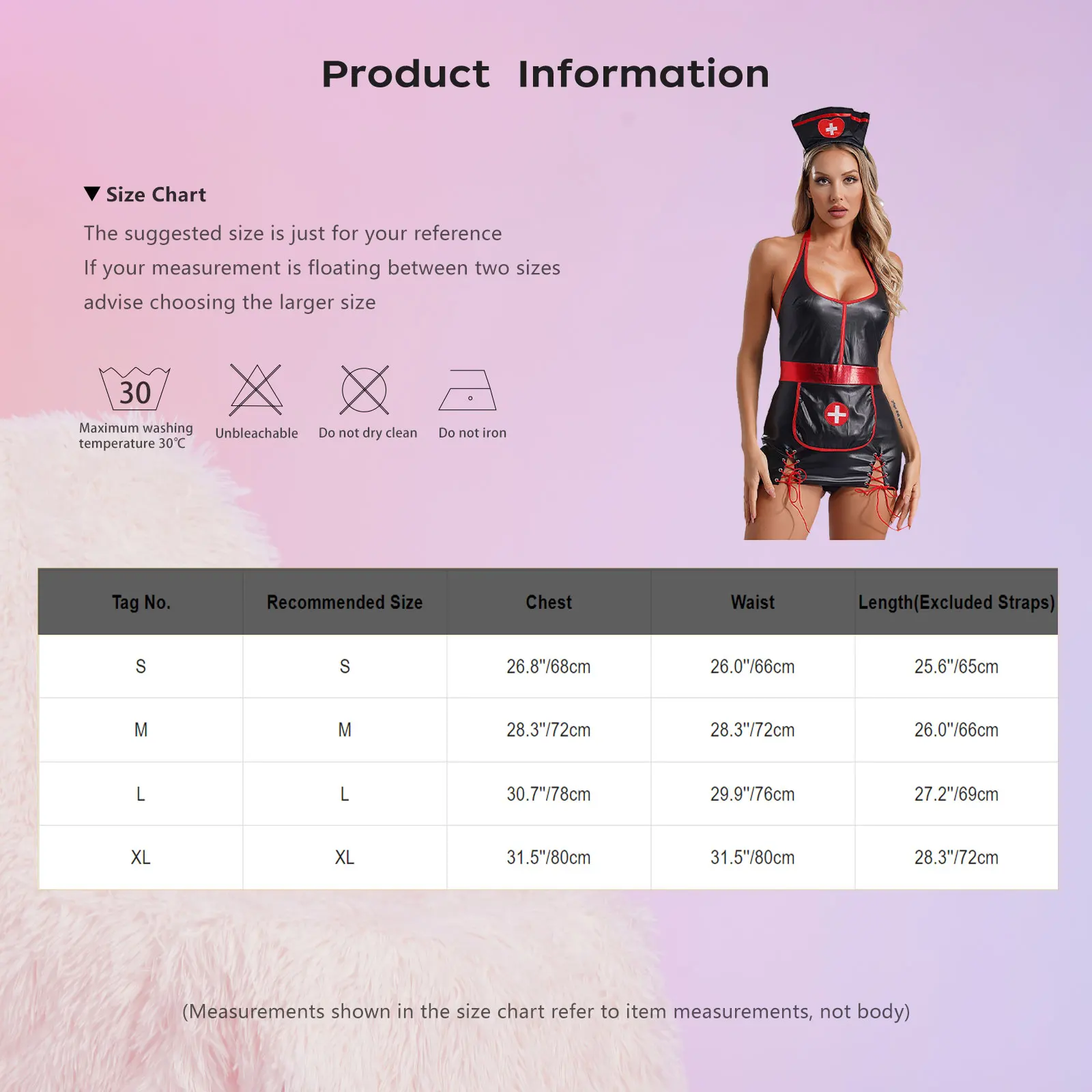 Womens Naughty Nurse Cosplay Outfit Halloween Costume Backless Side Slit Lace-up Faux Leather Bodycon Maid Dress with Headwear