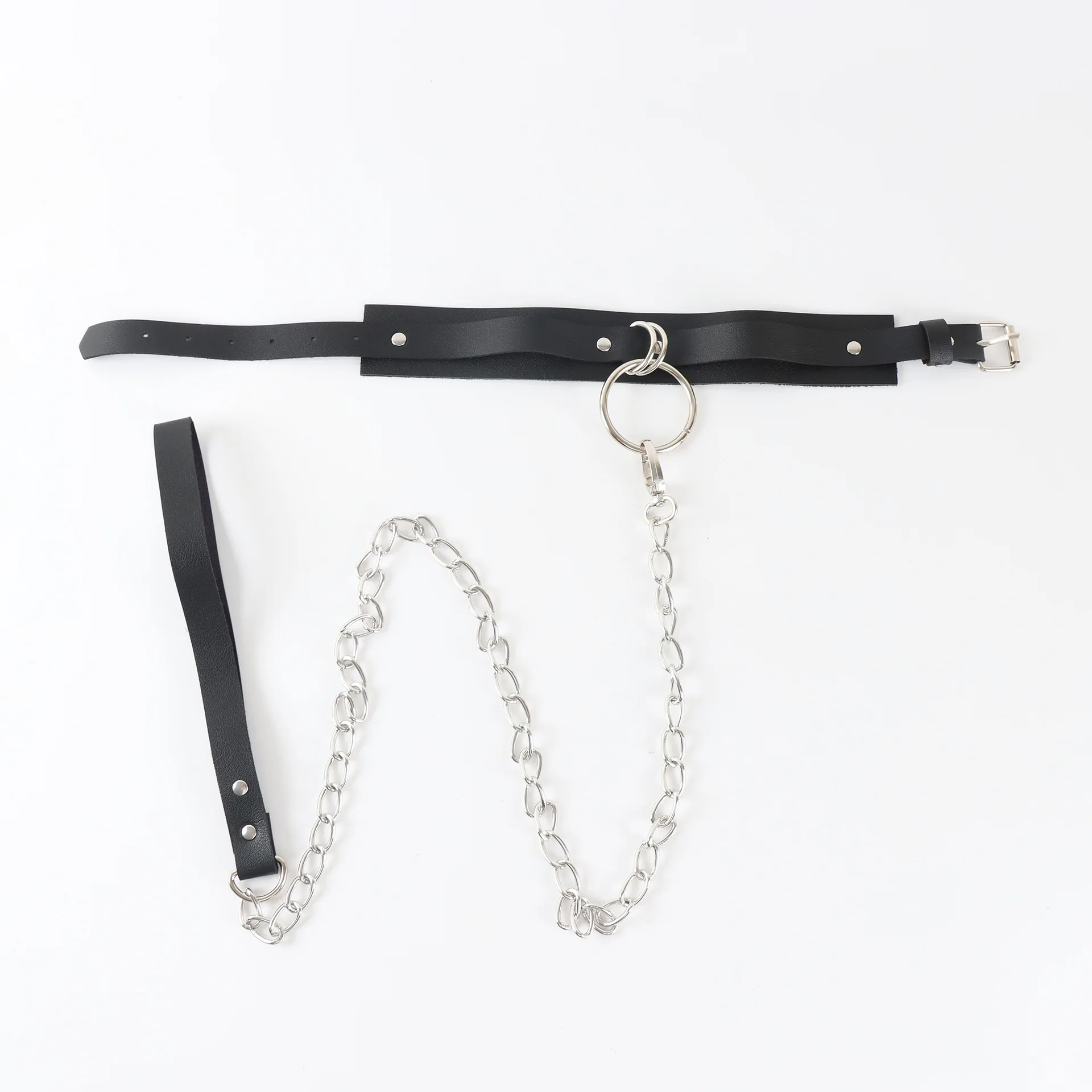 New Women's SM Sexy Collar Strap Black Leather Material Collar Metal Silver Chain Fashion Matching Women's Sexual Products