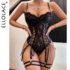 Ellolace Lingerie Preta de Couro e Renda Leather Bodysuit Lace