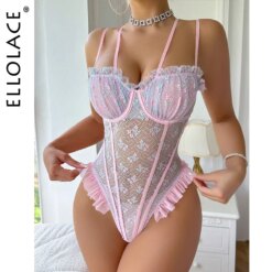 Ellolace Body Renda com Babados Sexy Lace Bodysuit