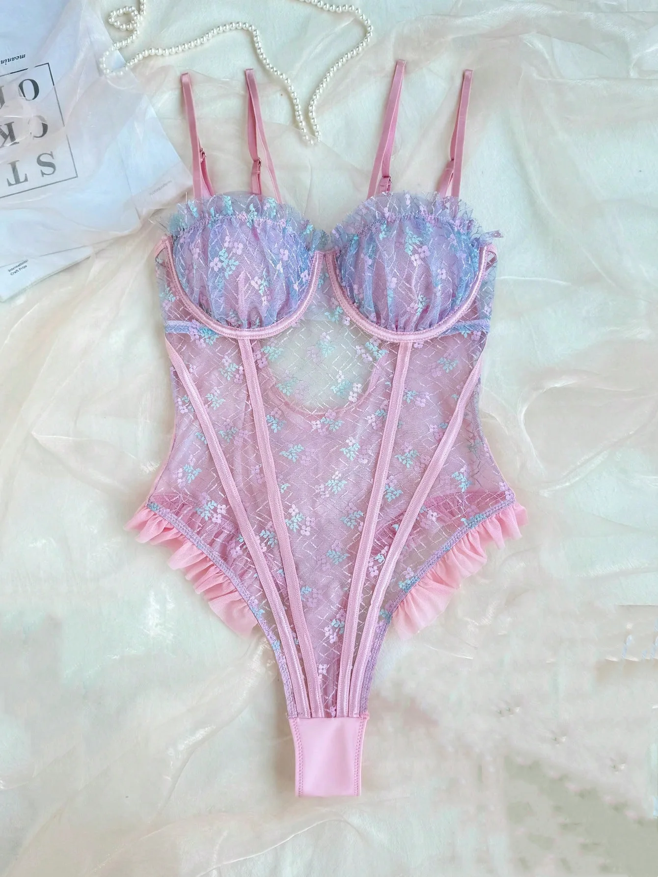 Ellolace Lace Bodysuits Sexy Ruffles Elegant Women's Bodys Fancy Hot Onlyfans Kit Kinky Romantic Pink See Through Sexy Tops