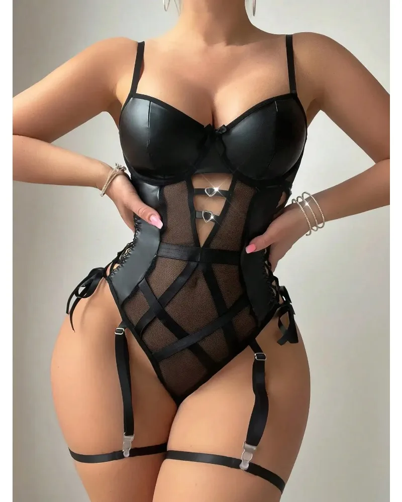 Toucheart Sexy Leather Lace Paneled See-Through Pajamas Skin Bodysuit Mesh Lace Up One Piece Sleeveless Latex Bodys Lingerie New