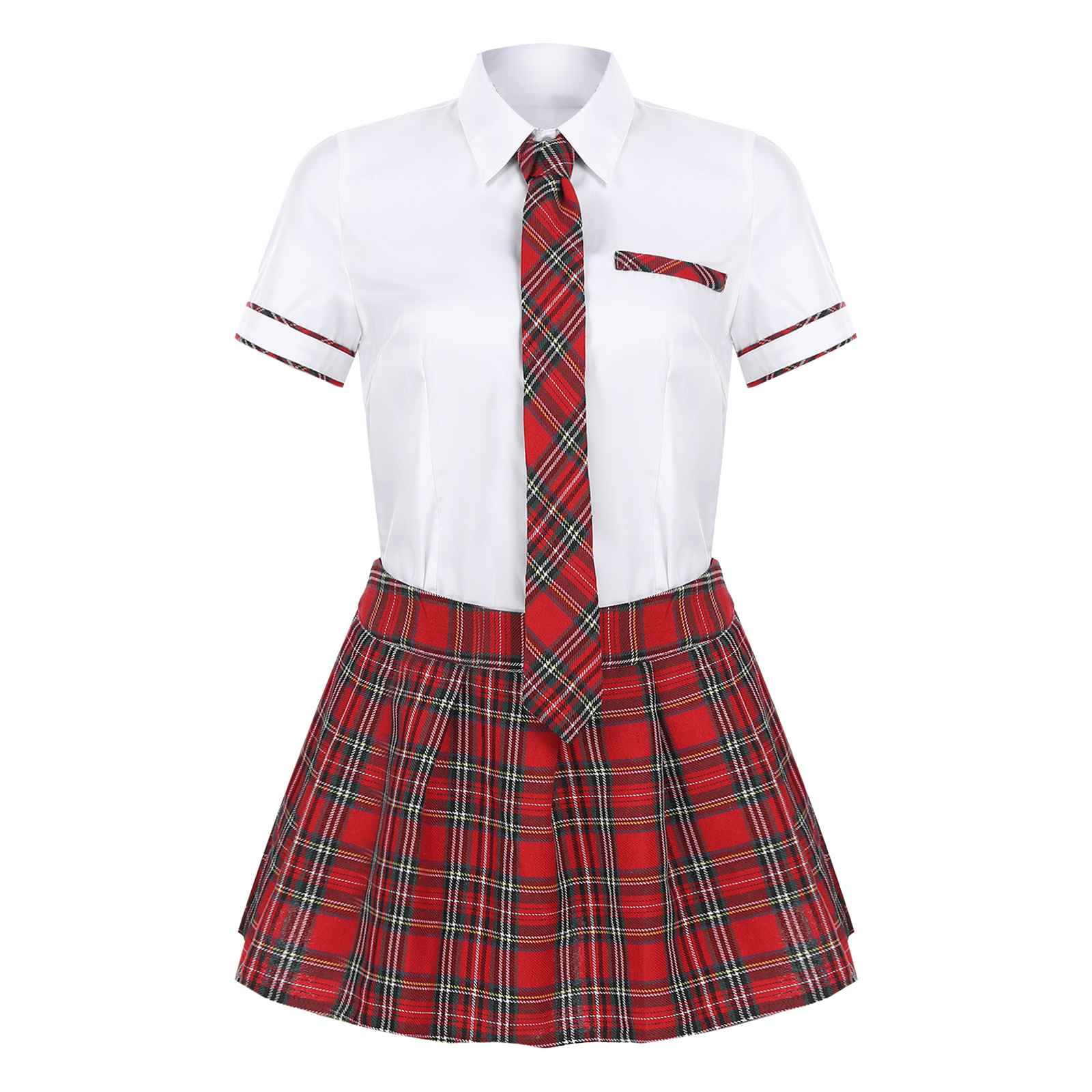 3Pcs Womens Schoolgirl Cosplay Costume Kawaii JK Japanese School Student Uniform Short Sleeve Shirt with Plaid Skirt And Tie Set