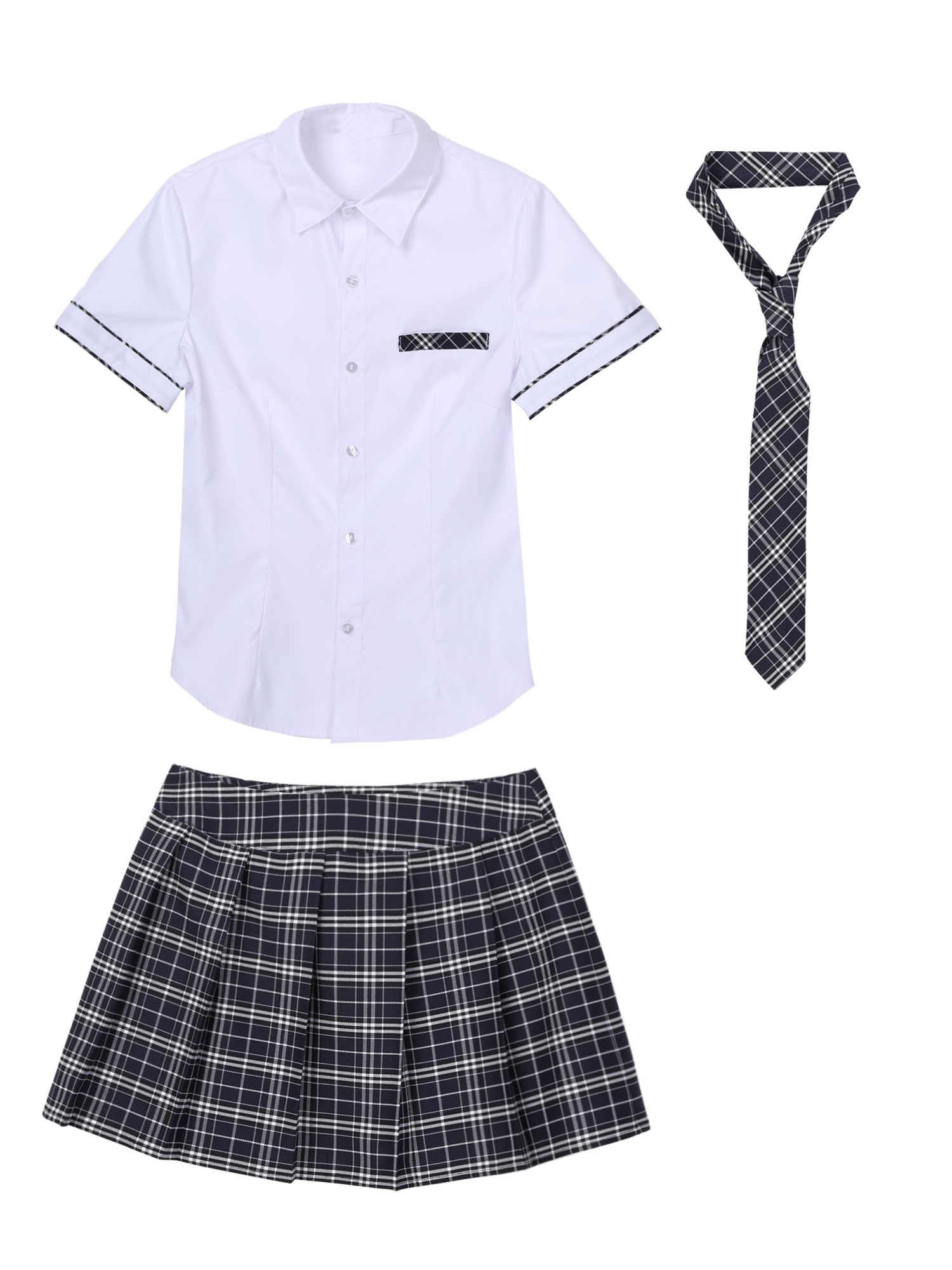 3Pcs Womens Schoolgirl Cosplay Costume Kawaii JK Japanese School Student Uniform Short Sleeve Shirt with Plaid Skirt And Tie Set