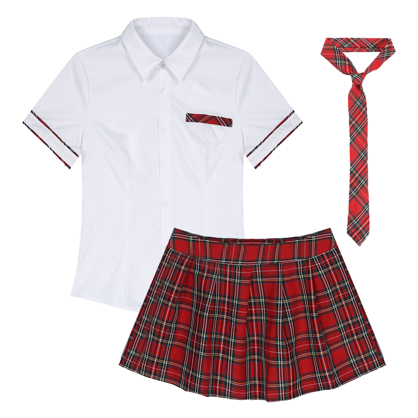 3Pcs Womens Schoolgirl Cosplay Costume Kawaii JK Japanese School Student Uniform Short Sleeve Shirt with Plaid Skirt And Tie Set