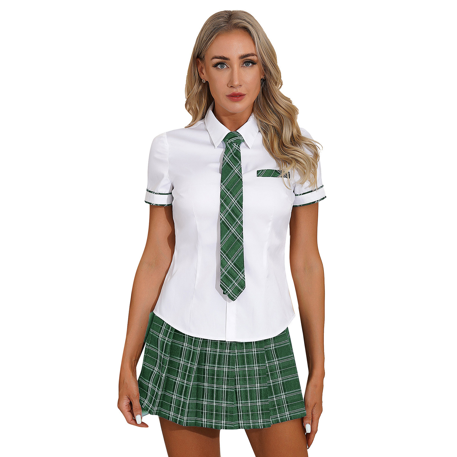 3Pcs Womens Schoolgirl Cosplay Costume Kawaii JK Japanese School Student Uniform Short Sleeve Shirt with Plaid Skirt And Tie Set