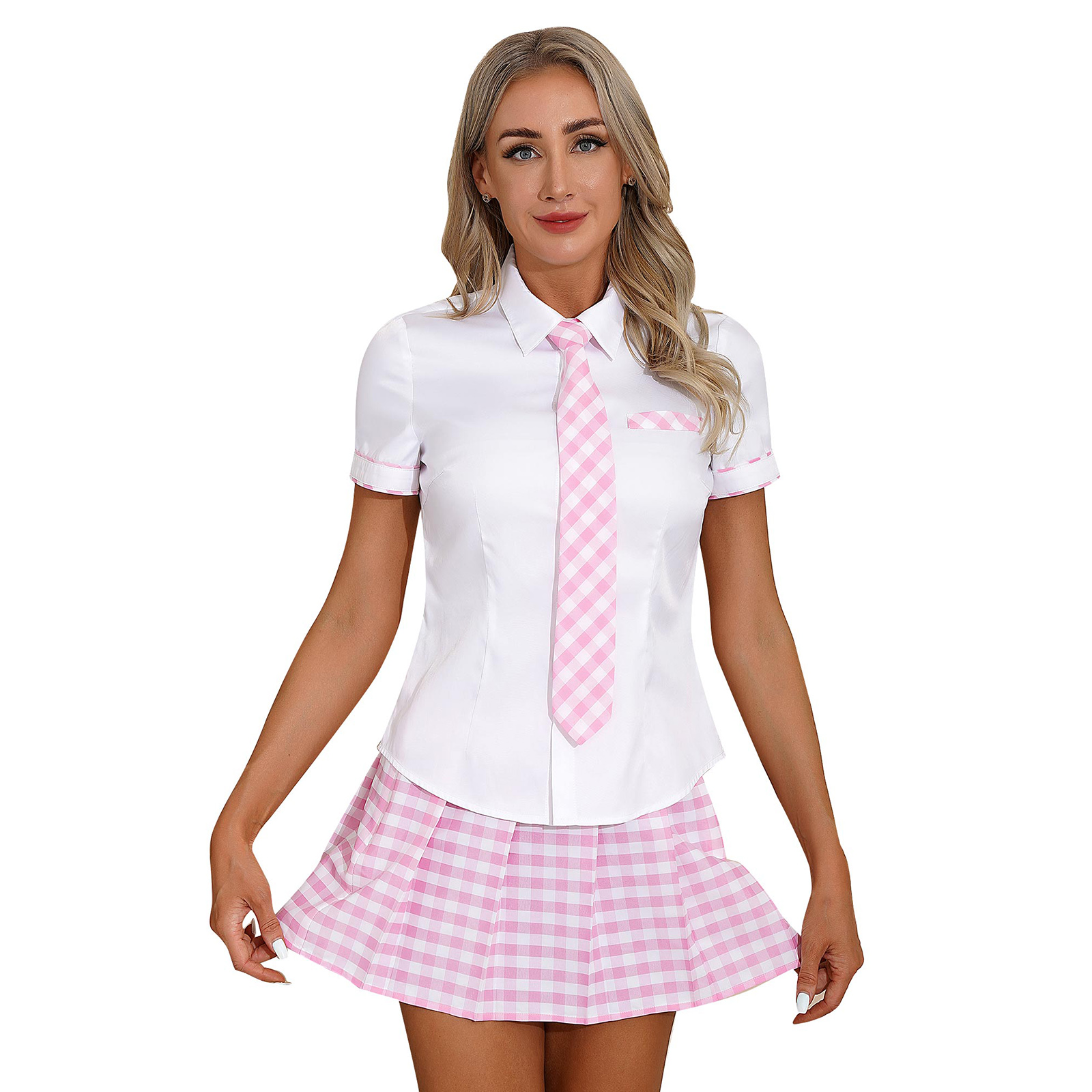 3Pcs Womens Schoolgirl Cosplay Costume Kawaii JK Japanese School Student Uniform Short Sleeve Shirt with Plaid Skirt And Tie Set