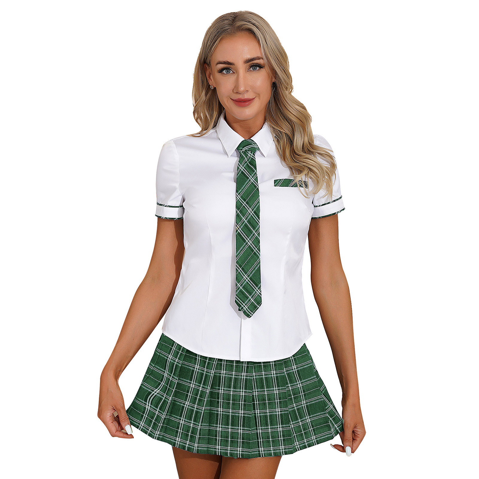 3Pcs Womens Schoolgirl Cosplay Costume Kawaii JK Japanese School Student Uniform Short Sleeve Shirt with Plaid Skirt And Tie Set