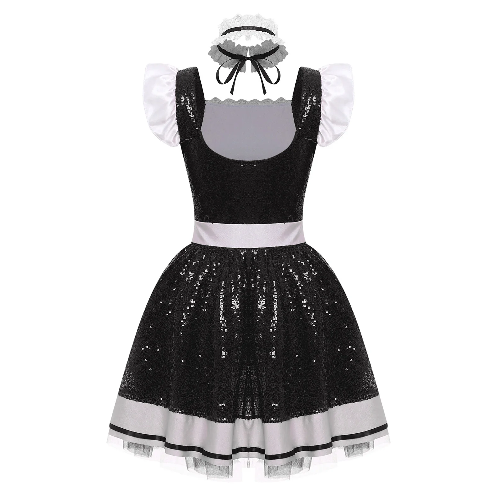 Womens Halloween Lolita Maid Cosplay Dress And Choker Costume Ruffled Lace Trim Apron Glittery Sequin Tulle Underskirt Dress