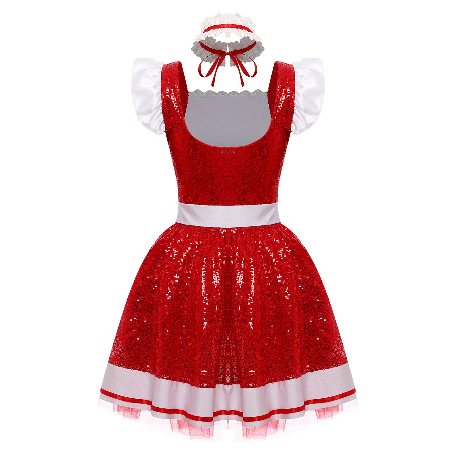 Womens Halloween Lolita Maid Cosplay Dress And Choker Costume Ruffled Lace Trim Apron Glittery Sequin Tulle Underskirt Dress