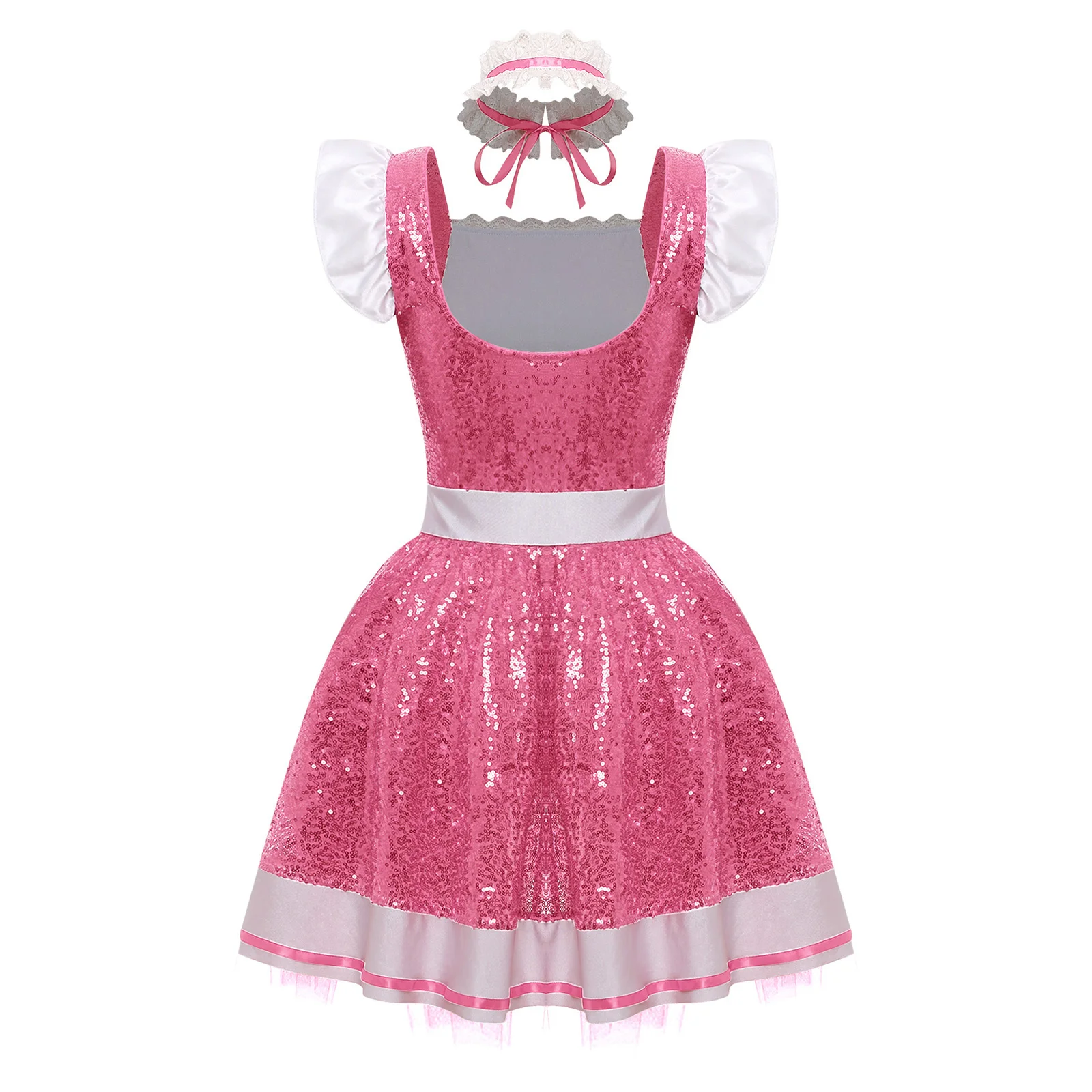 Womens Halloween Lolita Maid Cosplay Dress And Choker Costume Ruffled Lace Trim Apron Glittery Sequin Tulle Underskirt Dress