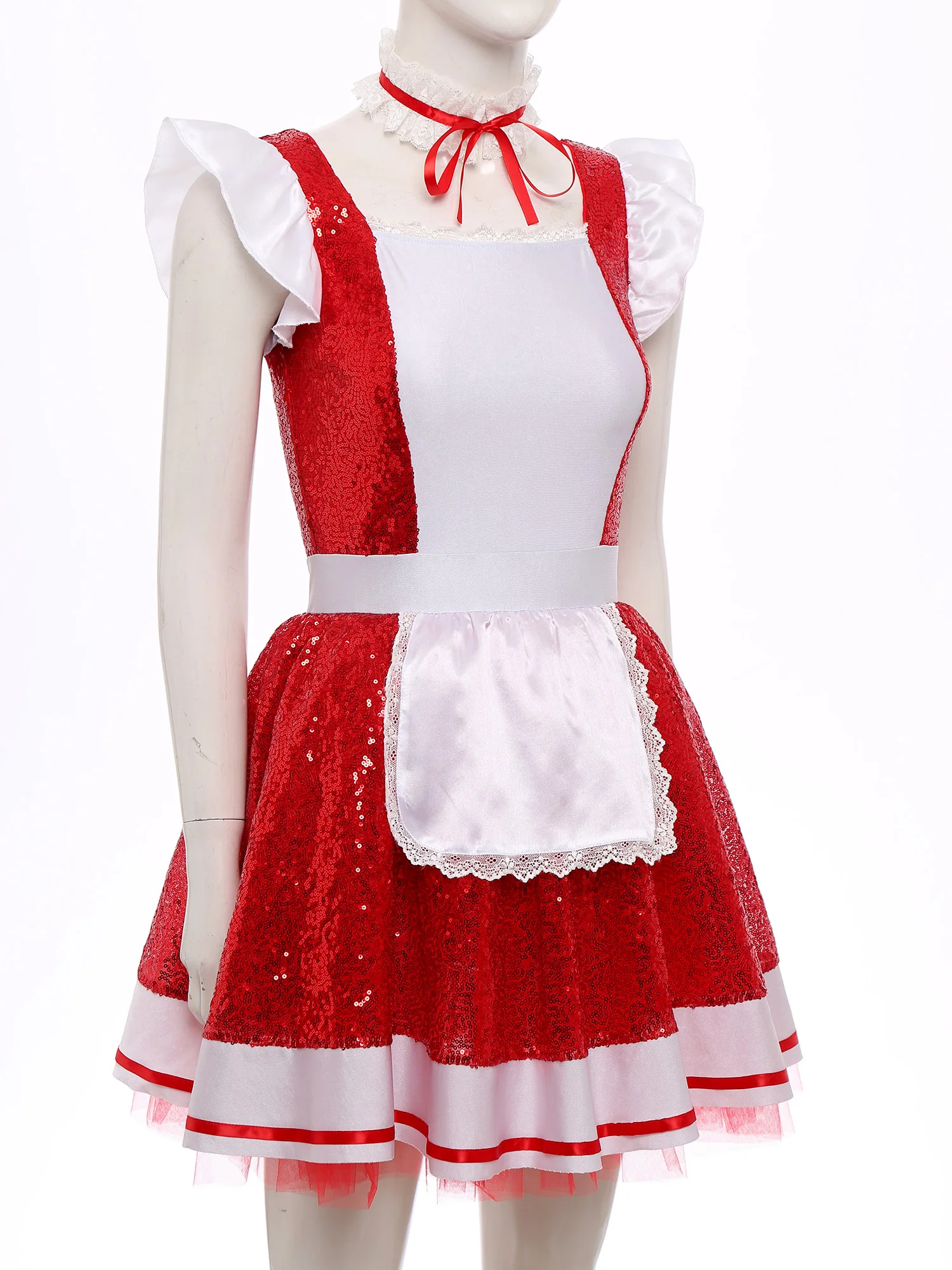 Womens Halloween Lolita Maid Cosplay Dress And Choker Costume Ruffled Lace Trim Apron Glittery Sequin Tulle Underskirt Dress