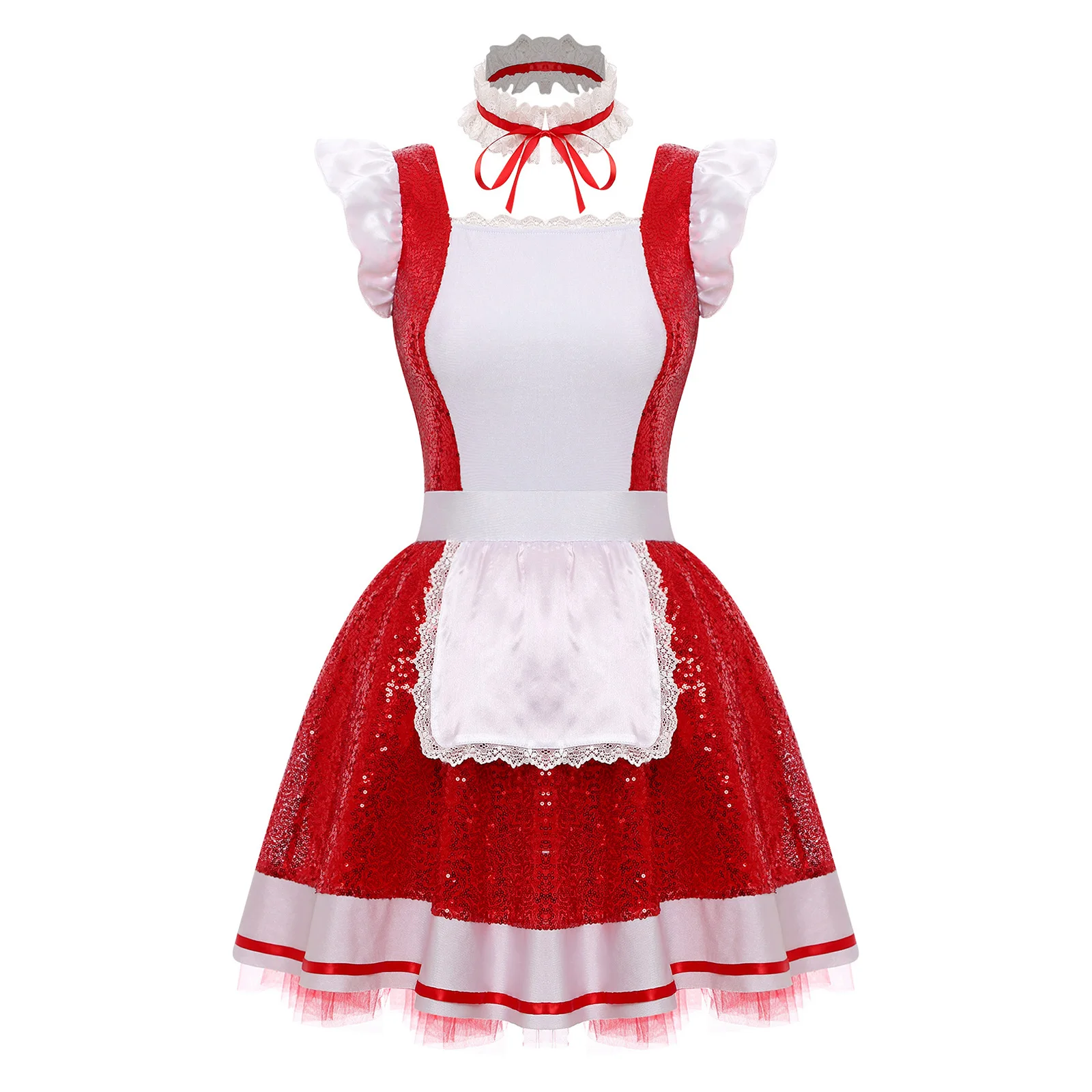 Womens Halloween Lolita Maid Cosplay Dress And Choker Costume Ruffled Lace Trim Apron Glittery Sequin Tulle Underskirt Dress