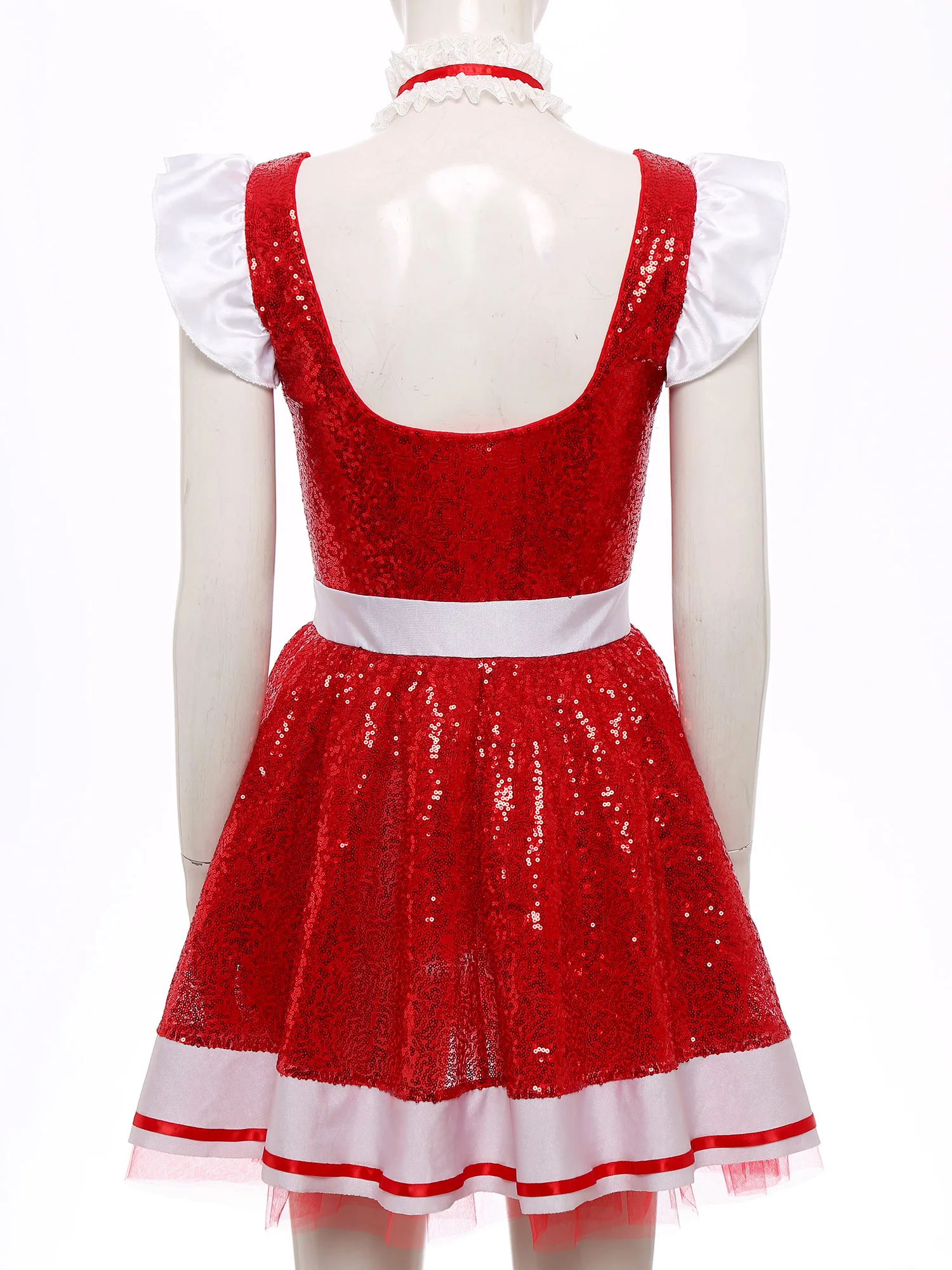 Womens Halloween Lolita Maid Cosplay Dress And Choker Costume Ruffled Lace Trim Apron Glittery Sequin Tulle Underskirt Dress