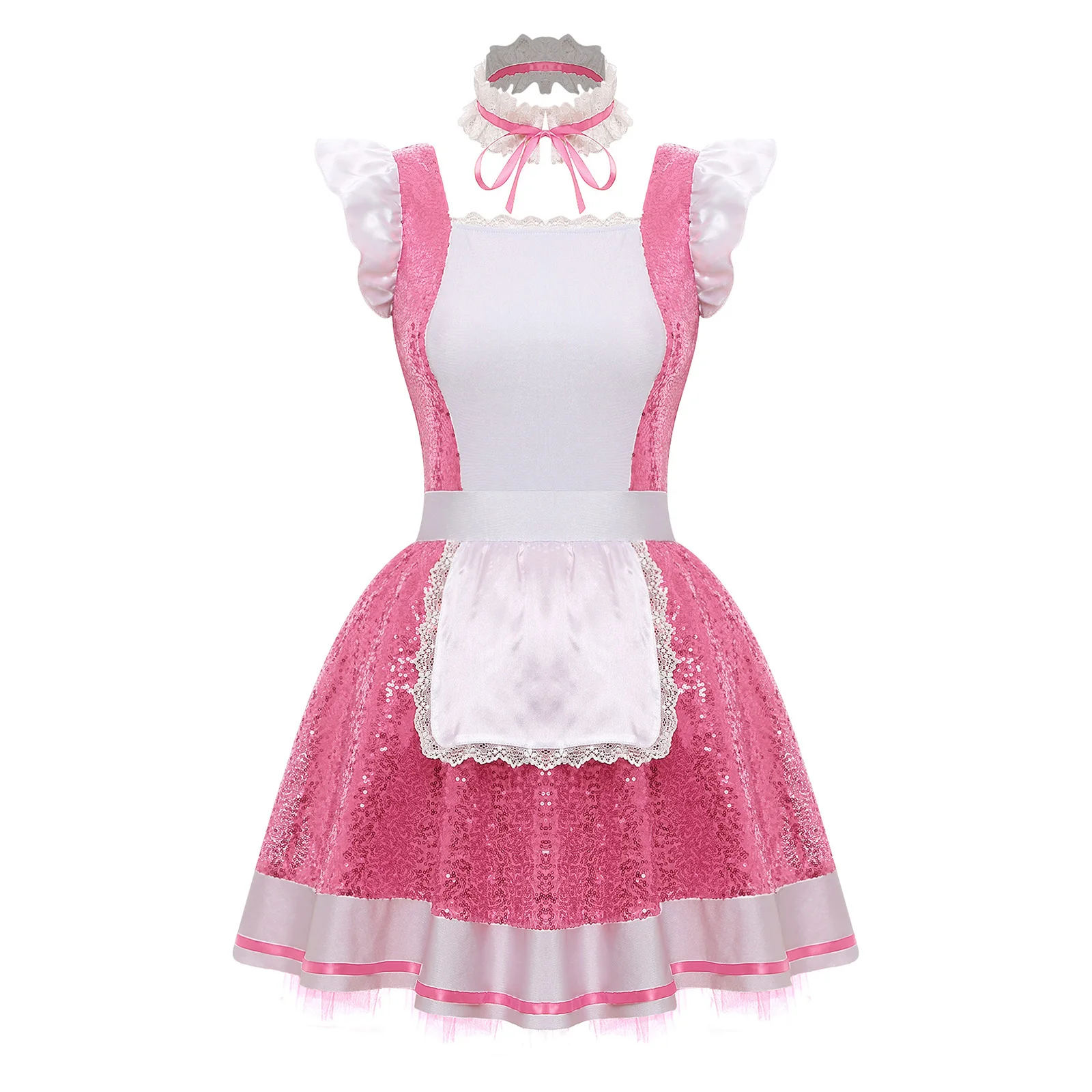 Womens Halloween Lolita Maid Cosplay Dress And Choker Costume Ruffled Lace Trim Apron Glittery Sequin Tulle Underskirt Dress