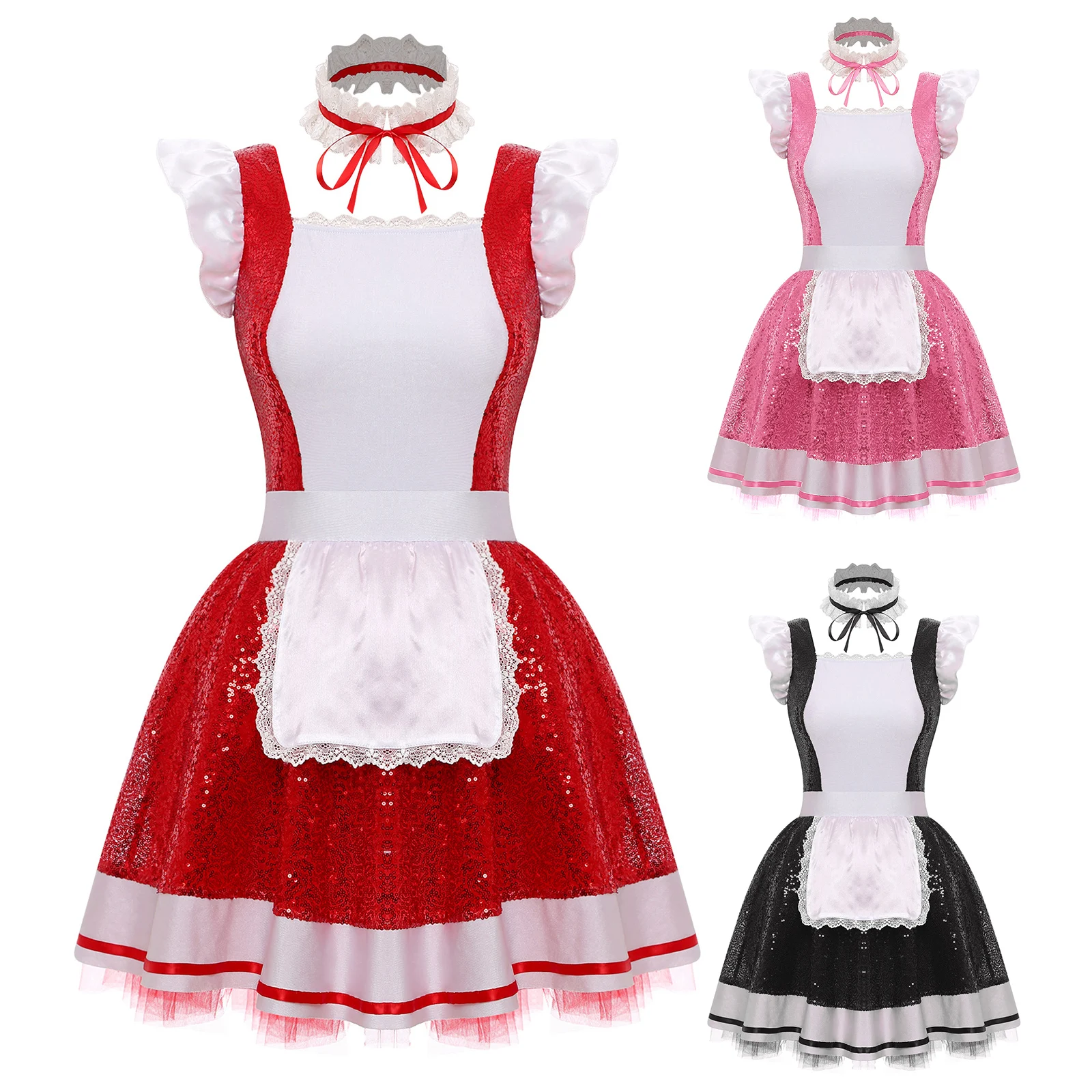 Womens Halloween Lolita Maid Cosplay Dress And Choker Costume Ruffled Lace Trim Apron Glittery Sequin Tulle Underskirt Dress